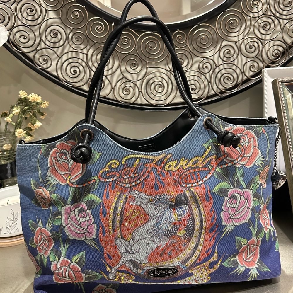 Ed Hardy Blue  DenimFloral Tote with Studded Horse Motif NWT